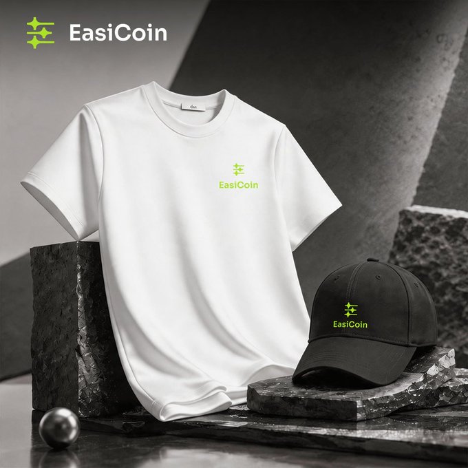 The image features a white t-shirt with green text that says "EasiCoin" on it, along with a black baseball cap placed next to it. The scene takes place against a black background, which makes the colors of the t-shirt and cap stand out more prominently.