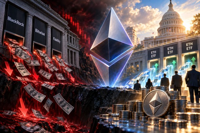 AI-generated illustration contrasting traditional finance (BlackRock, Bitwise, Fidelity) with ETH ETFs and cryptocurrency symbols against the U.S. Capitol backdrop.