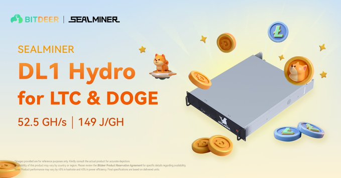 The image features a poster for Seal Miner's DL1 Hydro, which is a type of mining rig designed specifically for mining cryptocurrencies like Bitcoin and Ethereum. The poster includes an illustration of a server with three gold coins floating above it, symbolizing the mining process. The text on the poster highlights that this particular mining rig can handle up to 149 Gh/s (gigahits) and is suitable for mining both LTC and Dogecoin. The post also mentions that there are two different types of servers available: a 2U hydro-cooled server, which is more energy efficient but has a shorter lifespan, and a 2U server with a longer lifespan but consumes more power.