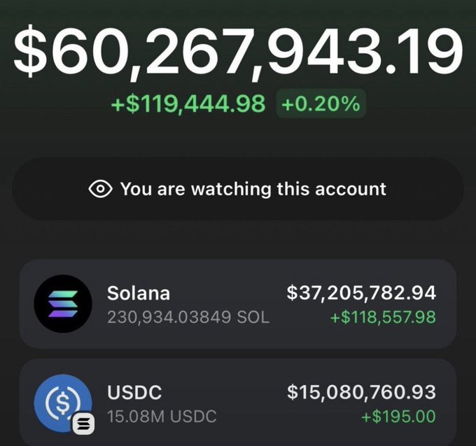 A cryptocurrency portfolio screenshot showing a total balance of $60,267,943.19 with a daily gain of +$119,444.98 (+0.20%), prominently featuring holdings of Solana ($37,205,782.94) and USDC ($15,080,760.93).