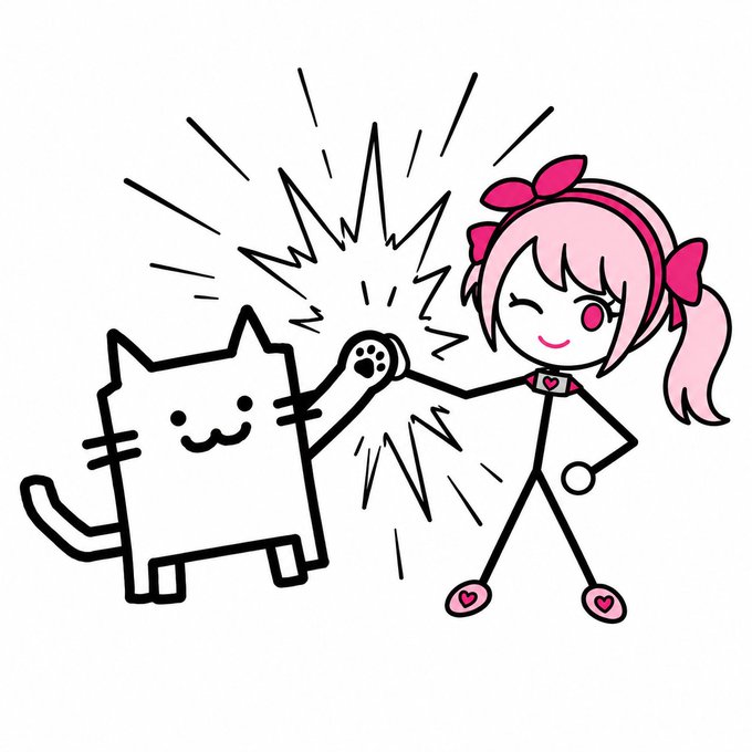 A simple cartoon shows a pink-haired anime-style character smiling while touching paws with a blocky black-and-white cat, with a burst of spark lines between them—visually illustrating a celebratory, excited moment. The caption complements the post's mood, capturing the giddy feeling of making a successful trade alone while others missed out.
