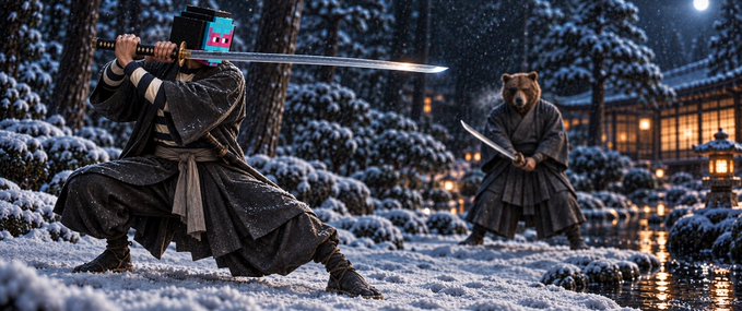 A pixel-art style samurai character stands in a snowy landscape wielding a katana, facing a bear-like figure also holding a blade near a traditional building.