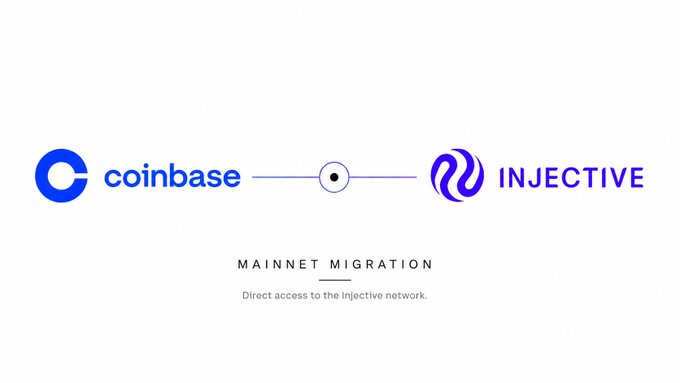 A graphic depicts the logos of Coinbase and Injective, connected by a line and a dot, with the text "MAINNET MIGRATION" and "Direct access to the Injective network" below, illustrating the initiation of the Injective mainnet migration on Coinbase.