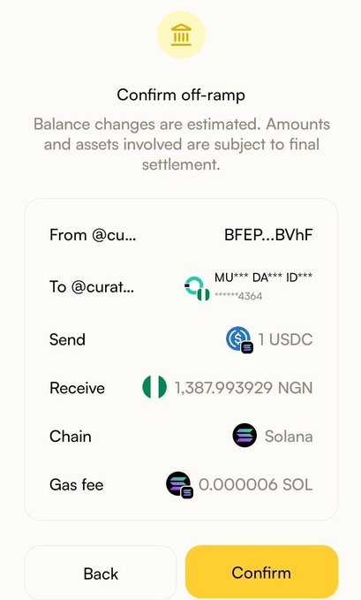 A 'Confirm off-ramp' screen for a crypto transaction showing a transfer from a @cu... wallet to a @curat... account, sending 1 USDC on the Solana chain to receive 1,387.993929 NGN.