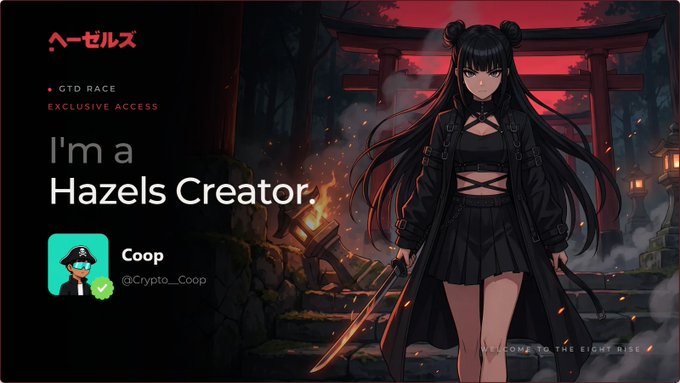 A 'Hazels' creator badge page featuring an anime-style illustration of a dark-haired girl with twin buns in front of a Japanese shrine, crediting 'Coop' (@Crypto_Coop) as a Hazels Creator.