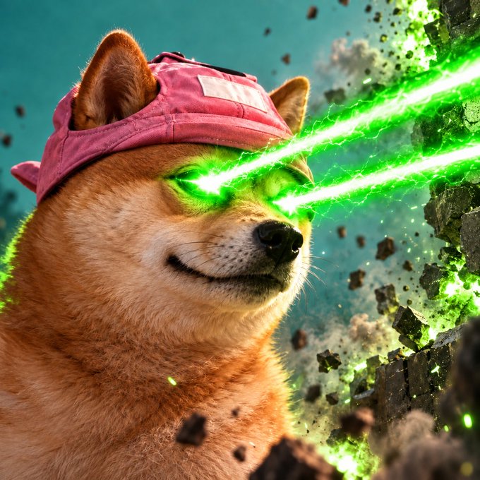 A stylized AI-generated image of a Shiba Inu dog wearing a pink cap, with glowing green laser beams shooting from its eyes and debris exploding in the background.