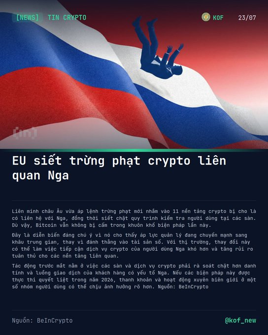A Vietnamese crypto news article titled 'EU siết trừng phạt crypto liên quan Nga' (EU tightens crypto sanctions related to Russia), published by KOF on 23/07, with a graphic showing a silhouette figure against a Russian flag background.