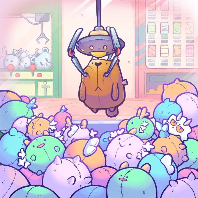 A claw machine filled with pastel plush toys is being operated by a robotic claw holding a brown stuffed bear, while a small white chick peeks out among the colorful crowd of plushies. The whimsical scene ties to the post's theme by evoking the collector's experience—where the thrill of the claw grab mirrors the uncertainty and excitement of chasing rare or visually appealing items.