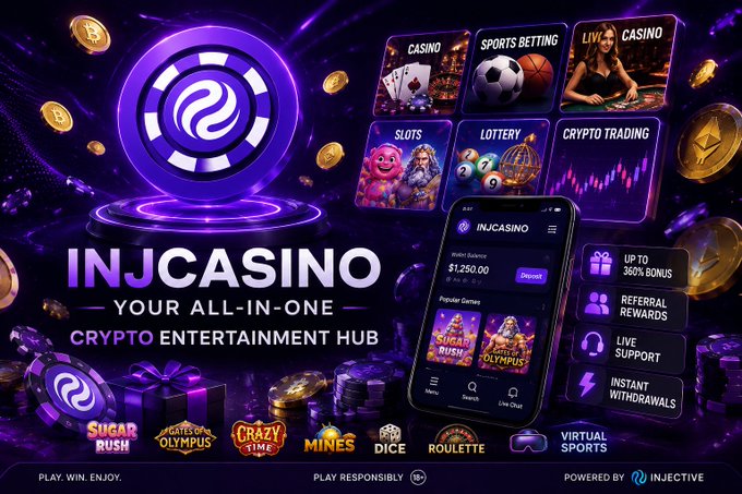 A promotional advertisement for 'INJCASINO' branded as 'YOUR ALL-IN-ONE CRYPTO ENTERTAINMENT HUB,' featuring a smartphone displaying the app, various game categories like casino, sports betting, and slots, and 'POWERED BY INJECTIVE' at the bottom.