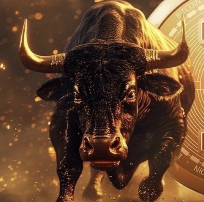 A dramatic digital illustration of a powerful charging bull rendered in bronze and gold tones, with a Bitcoin coin partially visible in the background.