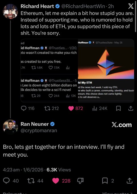 The image shows a Twitter post with two tweets from different users, one of which is about Richard Heart's latest innovation called "Incentive token" or "ICO". The other user has written an interview question for Richard Heart, asking him if he wants to meet up and discuss his invention further.