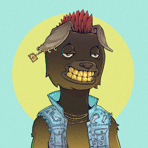 A cartoon illustration of a dog character with a red mohawk, grills (gold teeth), an earring with a charm, gold chains, and a distressed denim vest against a yellow circular background.