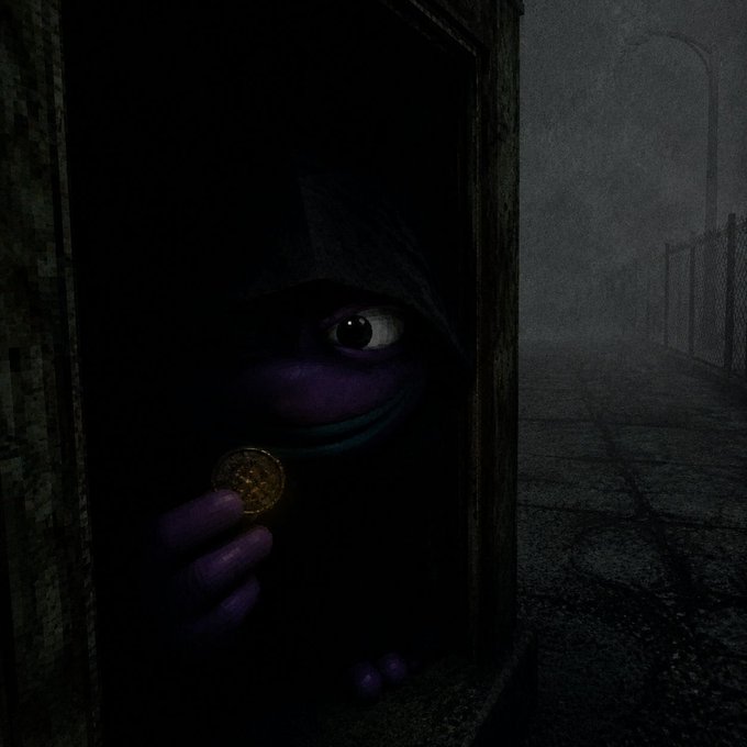 A dark, eerie digital illustration showing a purple-skinned figure in a hooded robe peeking through a doorway, holding a gold coin with an eerie smile.
