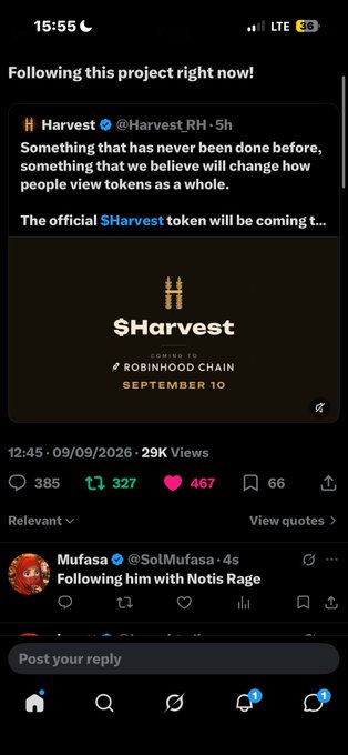 A screenshot of a tweet from Harvest (@Harvest_RH) announcing the official $Harvest token coming to Robinhood Chain on September 10.