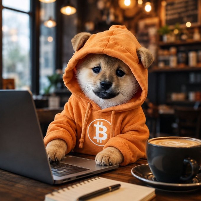 An AI-generated image of a Shiba Inu dog wearing an orange Bitcoin logo hoodie, sitting at a wooden table working on a laptop next to a cup of coffee.