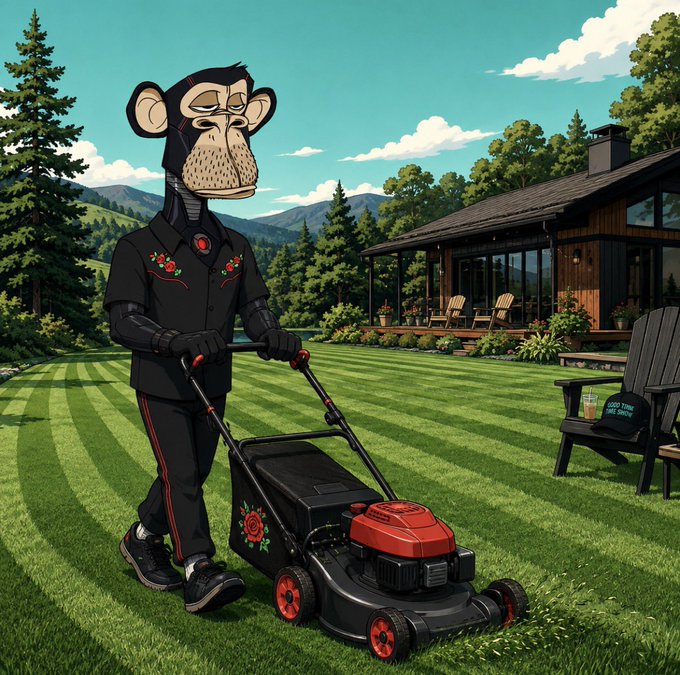 A digital illustration of a monkey character dressed in black embroidered clothing, pushing a black and red lawnmower across a manicured green lawn in front of a modern wooden house.