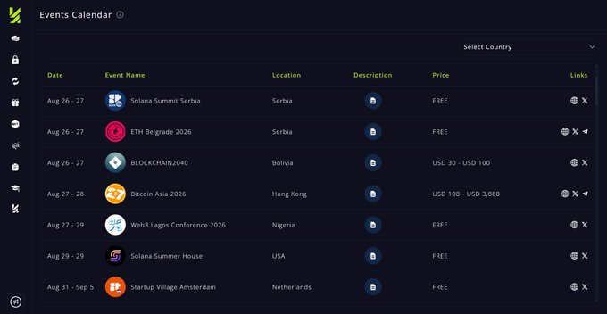 A screenshot of an "Events Calendar" displaying a list of upcoming crypto conferences, including Solana Summit Serbia (Aug 26-27), ETH Belgrade 2026 (Aug 26-27), BLOCKCHAIN2040 (Aug 26-27), Bitcoin Asia 2026 (Aug 27-28), Web3 Lagos Conference 2026 (Aug 27-29), Solana Summer House (Aug 29), and Startup Village Amsterdam (Aug 31-Sep 5). The image visually corroborates the post by showing several of the listed Solana-related events scheduled for late August and early September.