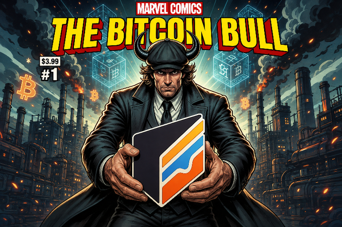 A Marvel Comics-style comic book cover titled "THE BITCOIN BULL" (#1, priced at $3.99) features a horned man in a black coat holding a stylized logo, with Bitcoin symbols and a dark industrial backdrop. The image aligns with Jason (@GoingParabolic) and @cakewallet's post, likely promoting the Bitcoin-themed comic series while highlighting a Cake Wallet collaboration or endorsement.