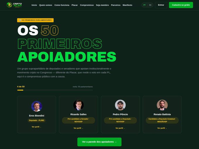 A website screenshot for 'Partido Verde' (Crypto Verde) showing a section titled 'OS 50 PRIMEIROS APOIADORES' featuring photos and profiles of Brazilian politicians including Eros Biondini and Ricardo Salles.