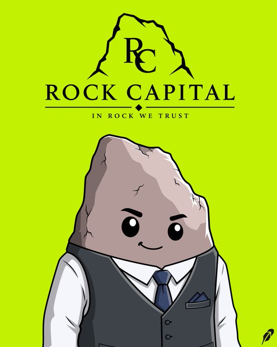 A cartoon rock wearing a vest and tie represents the logo for 'ROCK CAPITAL' with the tagline 'IN ROCK WE TRUST' on a green background.