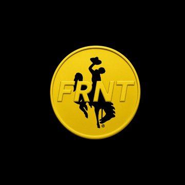 A golden Wyoming token featuring a silhouette of a bucking horse and rider displays the bold letters "FRNT," representing the state's stablecoin that is being transferred from LayerZero to Chainlink CCIP following security concerns.