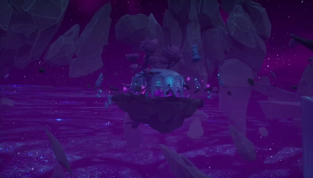 The image features a 3D rendering of an island with purple rocks, surrounded by water. The island has a small white building at its center, which appears to be a floating structure or a boat. There are also several other boats scattered throughout the scene. The sky above is dark and cloudy, creating a sense of mystery and adventure. The post includes text that reads "gm apes, voyagers & vibe Kodas, @OthersideMeta: Chaos Trials - Echos of the Forgotten Path".