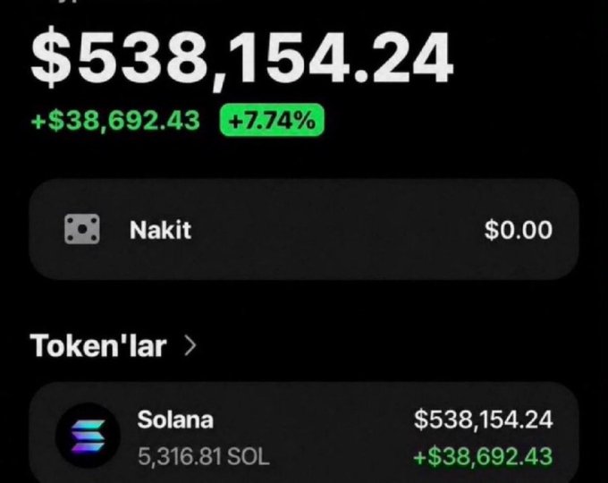A mobile screenshot of a cryptocurrency portfolio in Turkish showing a total balance of $538,154.24 (+7.74%), with holdings primarily in Solana (SOL).