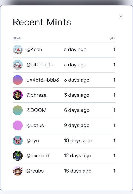 A mobile app interface displays a 'Recent Mints' list featuring NFT profiles like @Keahi, @Littlebirth, 0x45f3...bbb3, @phraze, @BOOM, @Lotus, @uyo, @pixelord, and @reubs.