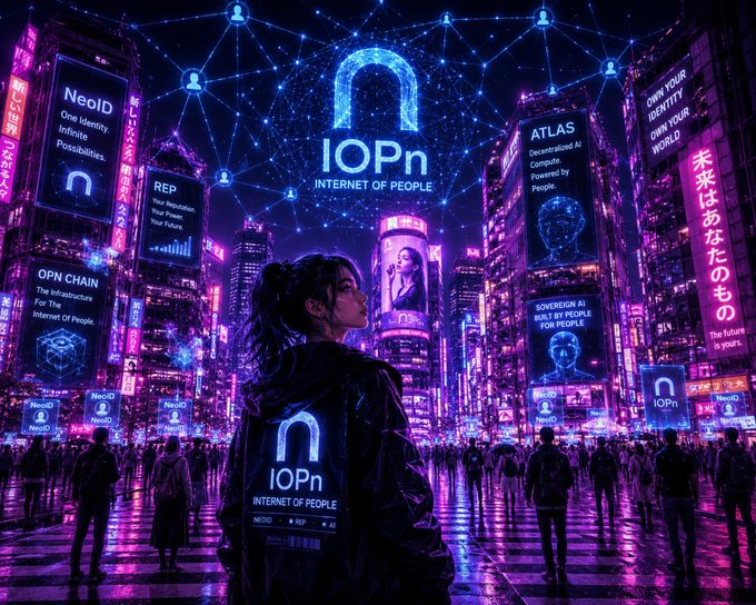 The image features a woman standing in front of a cityscape at night with neon signs, surrounded by people walking around her. The scene appears to be a bustling urban environment where everyone seems to be connected through their smartphones or other digital devices. The image also includes text that reads "IOPn" and "Internet of People", which could potentially be related to the concept of interconnectedness in today's world.