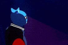 The image features a blue cat with glasses standing against a purple background, looking off into the distance. The cat appears to be wearing a black jacket or sweater, which contrasts with its blue fur. The caption of the image reads "$BULL 3dmNDj7pZBbnAJmqYEtkxFNxL1UdS5zZCuvzXutupump".