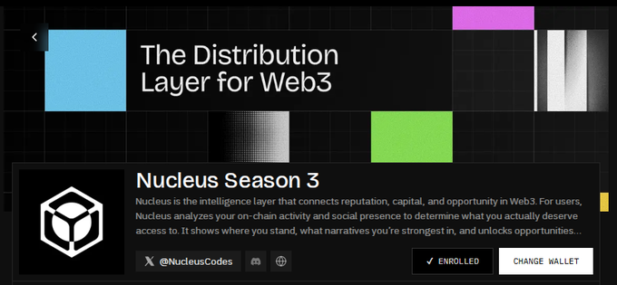 The image shows the Nucleus Season 3 dashboard for "The Distribution Layer for Web3," featuring an enrolled status and a "Change Wallet" button alongside the @NucleusCodes social handle. The accompanying post illustrates that upon connecting a wallet, Nucleus automatically generates a reputation score from existing on-chain history across EVM, Bitcoin, and Solana, prior to any social contribution.
