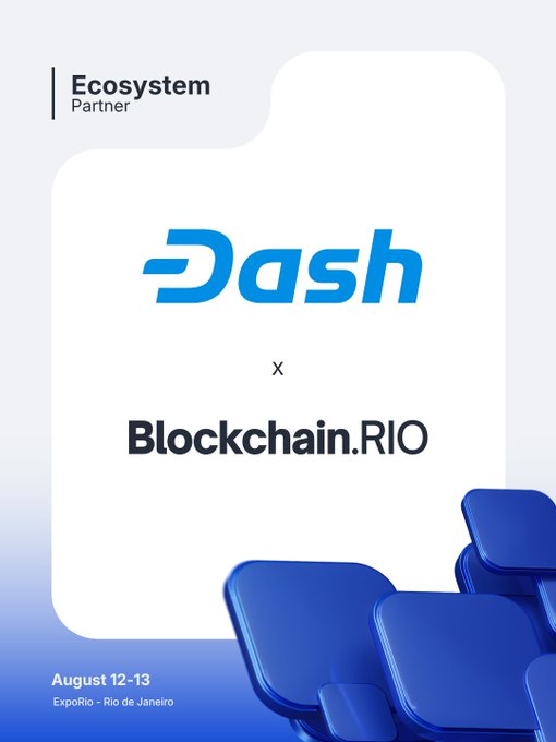 Promotional graphic announcing Dash as an Ecosystem Partner for Blockchain.RIO, taking place August 12-13 at ExpoRio in Rio de Janeiro.