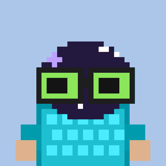 A pixel art character with a black face, purple cross hair accessory, and bright green square glasses, wearing a teal sweater with tan sleeves, set against a light blue background — one of the four "Arcins" mascot options mentioned in the post for users to adopt as their profile picture.