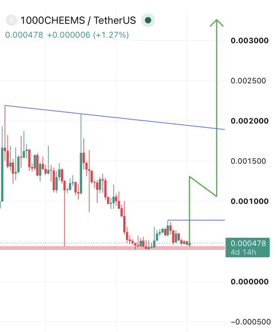 A candlestick chart displays the price of 1000CHEEMS/TetherUS at 0.000478, showing a +1.27% gain (+0.000006) over 4 days 14 hours, with the post indicating the token was added to the user's portfolio from this entry point. The chart illustrates a downtrend followed by a notable upward green arrow signaling a potential reversal or breakout.