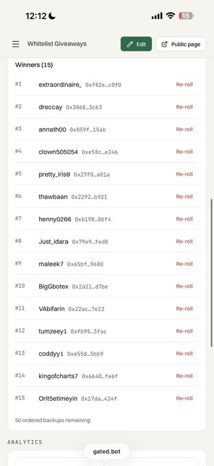 The image shows a screenshot from gated.bot displaying a "Whitelist Giveaways" page with 15 winners listed, including usernames like extraordinaire, dreccay, annatho0, clown505054, and pretty_iris9, each with a corresponding unique ID and "Re-roll" option. The list relates to a Twitter giveaway mentioned in the accompanying post (x.com/kelvinoyibo2/s).