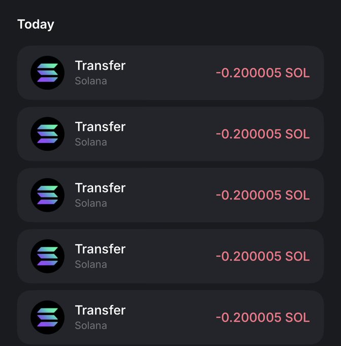 A dark-themed transaction history screenshot showing five "Transfer" entries on Solana, each deducting -0.200005 SOL, labeled under "Today." The image confirms the post's claim that 0.2 SOL was sent to each of the five tagged winners (@fvglyy__, @MISWAGGO, @fkadele, @Amiri_Web3, and @Zyowlsol).