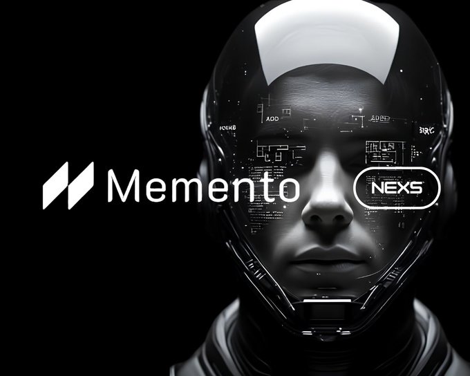 A dark, futuristic graphic displays a person wearing a black and white helmet with a glowing digital HUD overlay, alongside the text 'Memento' and a button labeled 'NE>5'.