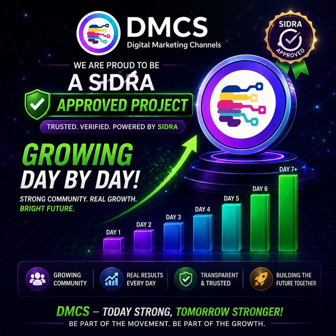 A promotional graphic for 'DMCS - Digital Marketing Channels' declaring it a SIDRA Approved Project, featuring a 'Growing Day by Day!' bar chart from Day 1 to Day 7+ and slogans like 'Trusted. Verified. Powered by SIDRA.'