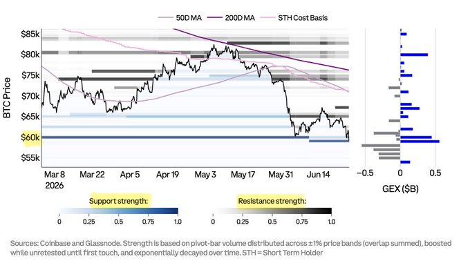 A Bitcoin price chart spanning March 8 to June 14, 2026, showing BTC declining from ~$75k to ~$60k, with the 50-day MA, 200-day MA, and STH Cost Basis overlaid, alongside GEX (gamma exposure) and support/resistance strength indicators on the right and bottom panels. The chart supports the post's question about whether $60k marked the bottom for $BTC, as price appears to be holding that level against the STH Cost Basis support.