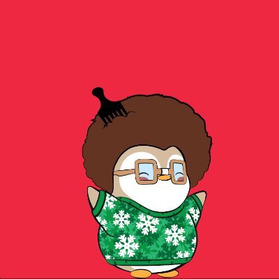 A cartoon penguin with an afro hairstyle, a black hair pick, glasses, and a green sweater decorated with white snowflakes, set against a red background.