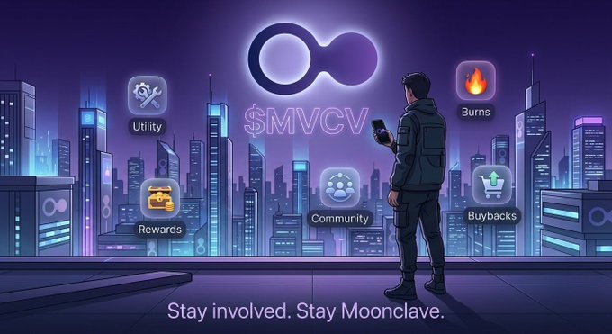 Digital art of a person looking at a futuristic cityscape with floating icons labeled "Utility," "Rewards," "Community," "Burns," and "Buybacks," with text reading "$MVCV" and "Stay involved. Stay Moonclave."