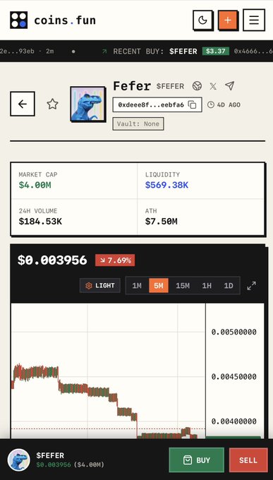 A screenshot of coins.fun showing the "Fefer" (SFEFER) token page with a price of $0.003956, down 7.69%, market cap of $4.00M, and a 5M candlestick chart.