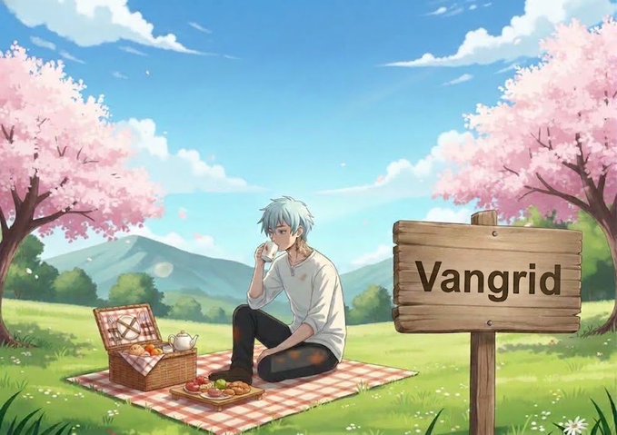 Anime-style illustration of a silver-haired character having a picnic with a basket of food and tea on a checkered blanket under cherry blossom trees, with a wooden sign reading 'Vangrid'.