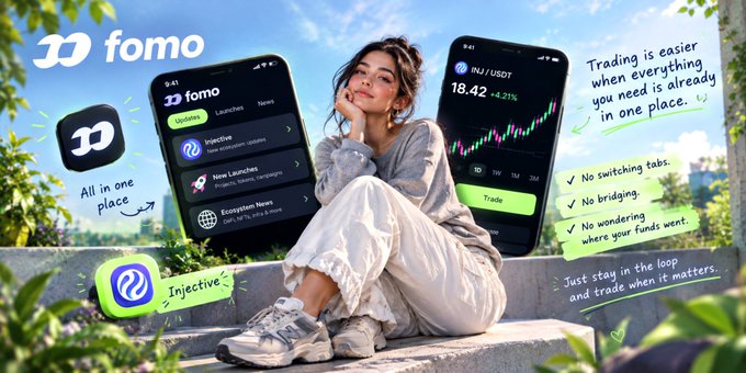 A promotional image for an app called 'fomo' featuring a young woman sitting outdoors between two smartphone screens showing the app interface. Text highlights 'All in one place', 'Injective', 'No switching tabs.', 'No bridging.', and 'No wondering where your funds went.'