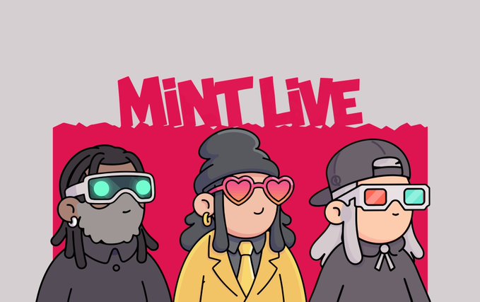 MintLive logo featuring three cartoon characters with sunglasses against a red background.
