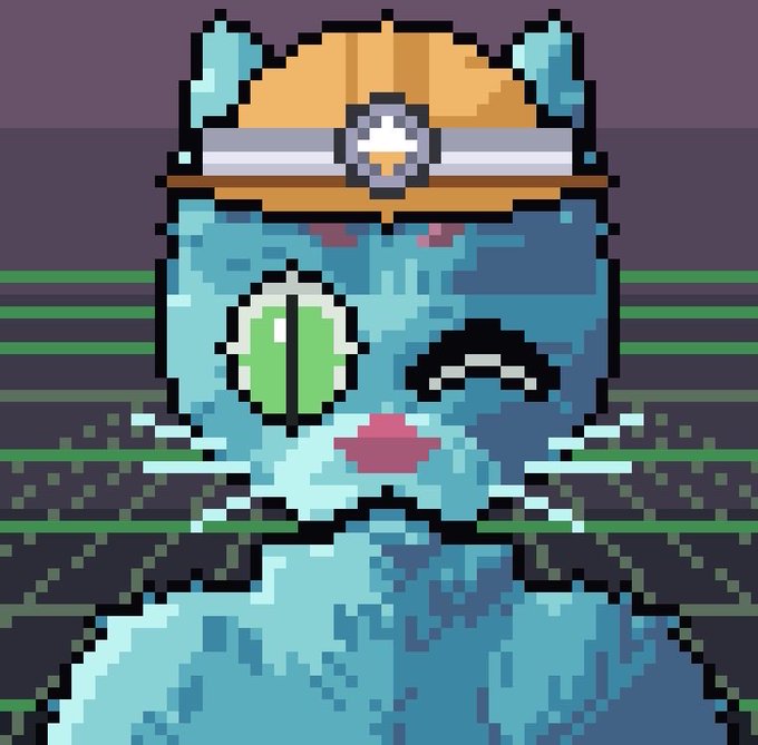 A pixel art illustration of a blue cat wearing a miner's hard hat with a headlamp, featuring one green eye and one winking black eye, with whiskers and a pink nose.