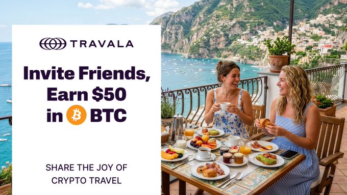 Two women enjoy a luxurious breakfast on a cliffside terrace overlooking the Mediterranean coast in this Travala promotion, advertising that users can invite friends to earn $50 in BTC through Travala's referral program at travala.com/invite.