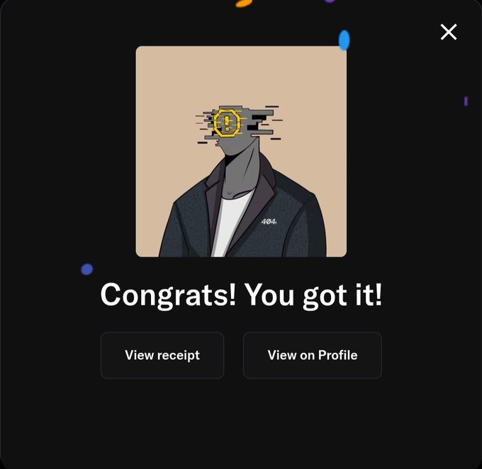 A digital success screen with 'Congrats! You got it!' and buttons for 'View receipt' and 'View on Profile', showing an NFT-style artwork of a faceless figure with a yellow exclamation mark.
