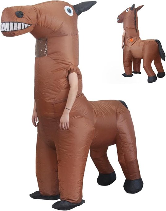 An image showing an inflatable brown horse costume suit being worn by a person, displayed alongside a smaller image of the costume worn by a child.