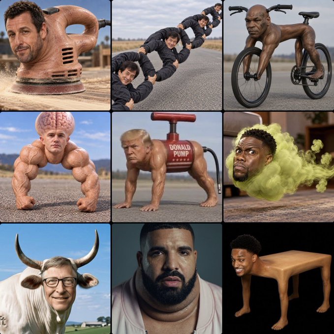 A 3x3 grid of AI-generated "buff" meme images featuring celebrities like Adam Sandler, Donald Trump ("DONALD PUMP"), LeBron James, Bill Gates, Drake, and others humorously transformed with exaggerated muscular forms. The caption "Never been a better time to be sidelined in crypto lol" relates to the meme's joke about not participating in crypto while others "pump" gains, playfully referencing the "Donald Pump" image in the collage.
